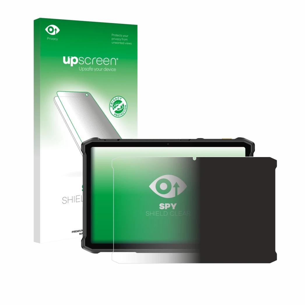 Parte frontal de un envase de producto con el logotipo de la marca upscreen. Al lado se muestra el dispositivo Ulefone Armor P