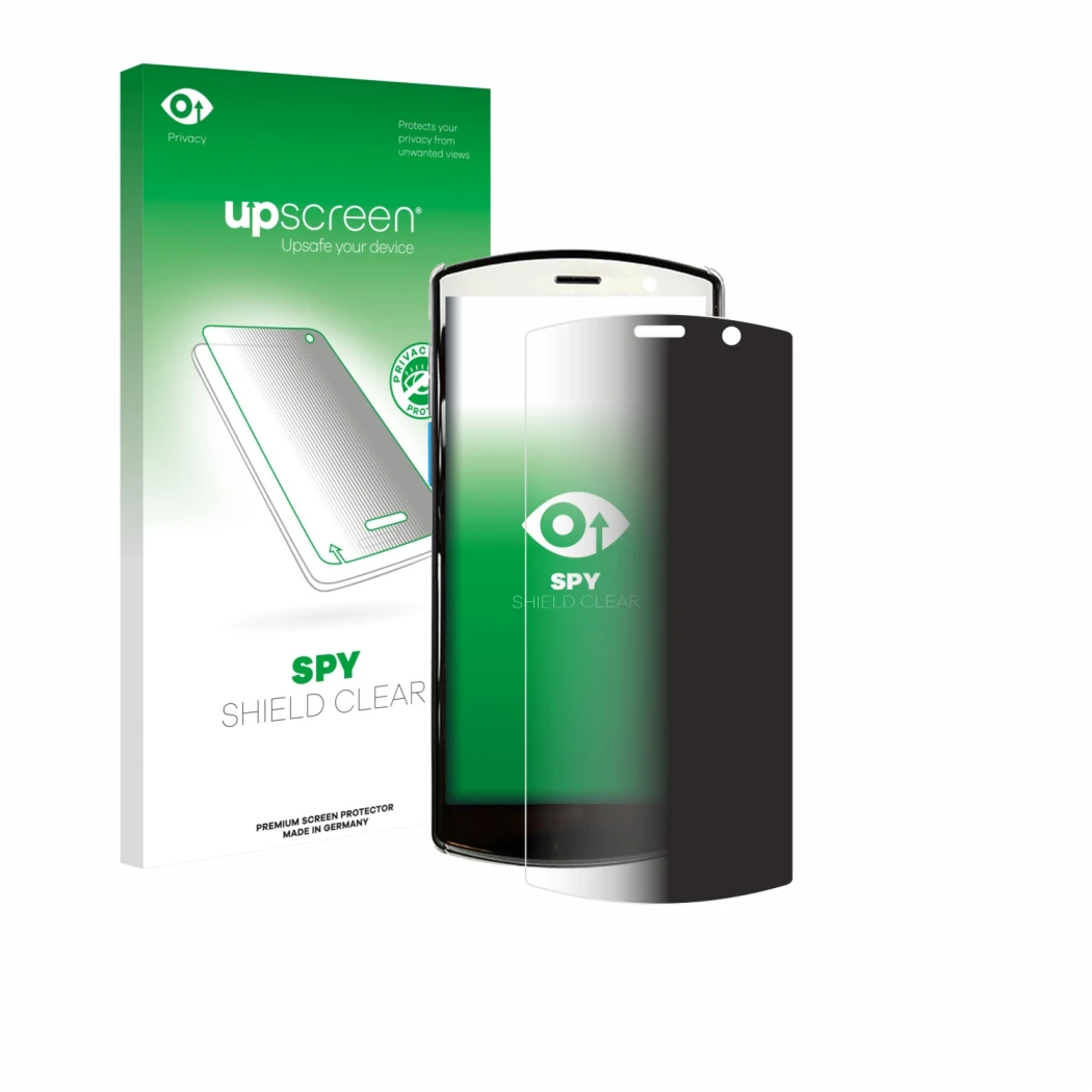 Parte frontal de un envase de producto con el logotipo de la marca upscreen. Al lado se muestra el dispositivo Unitech EA510 c