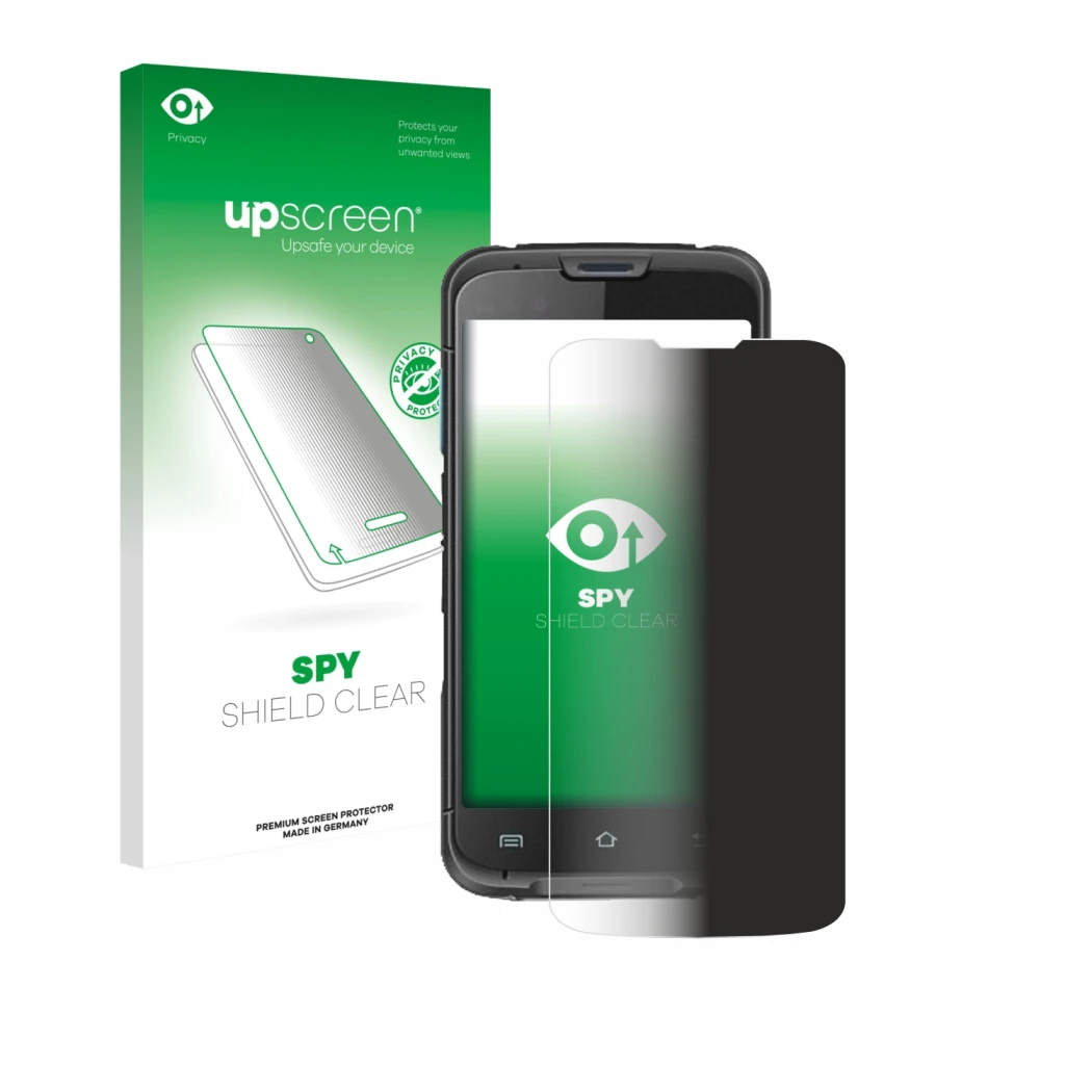 Parte frontal de un envase de producto con el logotipo de la marca upscreen. Al lado se muestra el dispositivo Unitech EA602 c