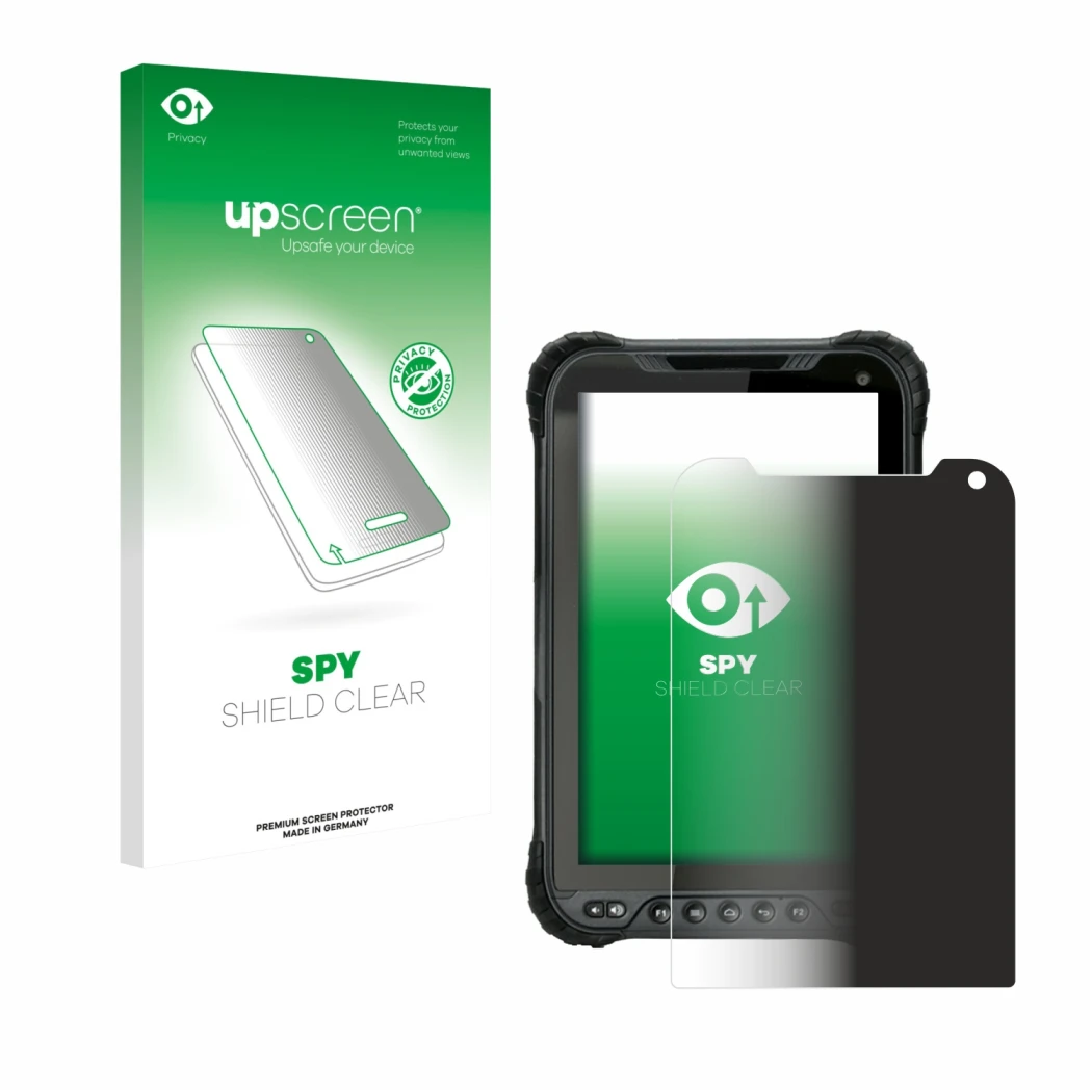 Parte frontal de un envase de producto con el logotipo de la marca upscreen. Al lado se muestra el dispositivo Unitech TB85 co