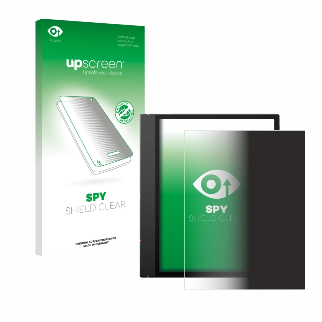Parte frontal de un envase de producto con el logotipo de la marca upscreen. Al lado se muestra el dispositivo Boox Note Air 5