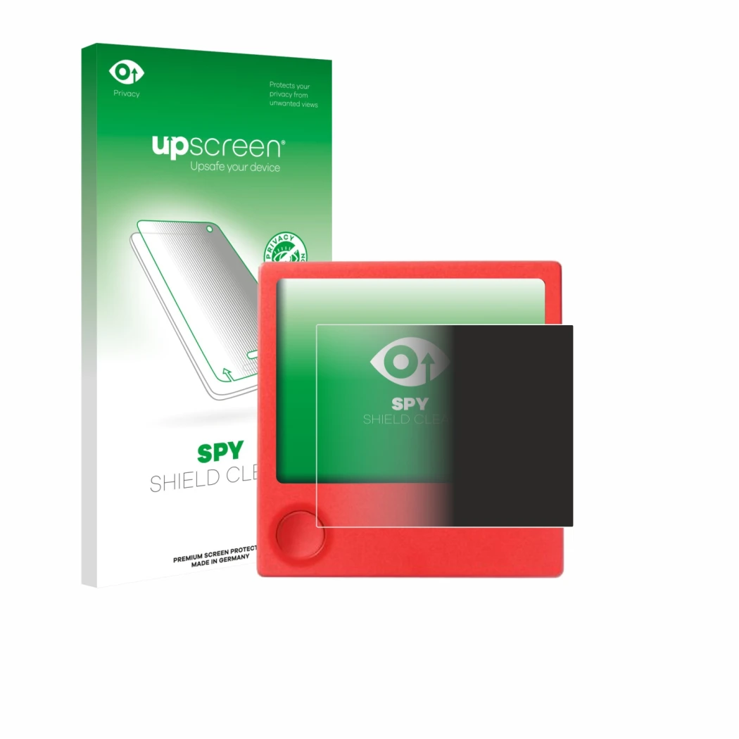 Parte frontal de un envase de producto con el logotipo de la marca upscreen. Al lado se muestra el dispositivo PicPak E-Ink Di