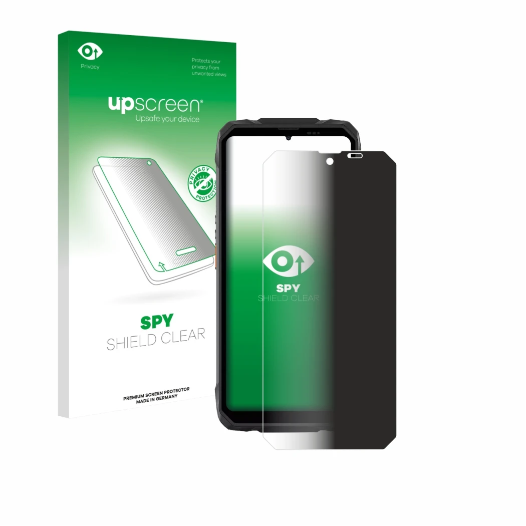 Parte frontal de un envase de producto con el logotipo de la marca upscreen. Al lado se muestra el dispositivo Blackview Rock 