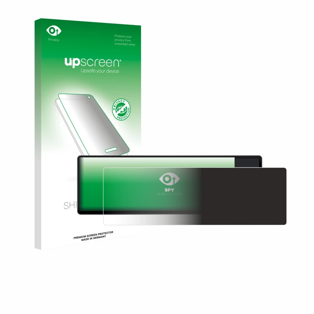 Parte frontal de un envase de producto con el logotipo de la marca upscreen. Al lado se muestra el dispositivo Corsair Xeneon 