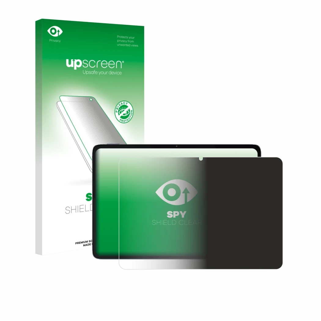 Parte frontal de un envase de producto con el logotipo de la marca upscreen. Al lado se muestra el dispositivo Xiaomi Pad 6S P