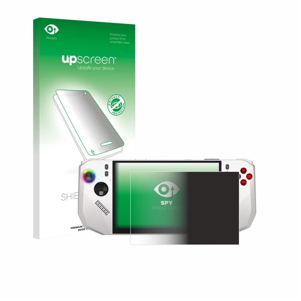 Parte frontal de un envase de producto con el logotipo de la marca upscreen. Al lado se muestra el dispositivo MSI Claw A8 BZ2