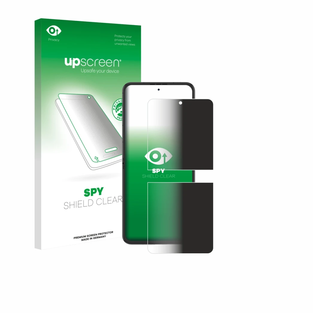 Parte frontal de un envase de producto con el logotipo de la marca upscreen. Al lado se muestra el dispositivo Nubia Flip 2 co