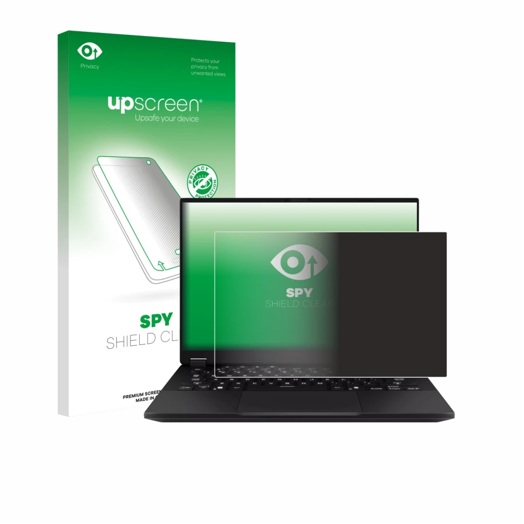 Parte frontal de un envase de producto con el logotipo de la marca upscreen. Al lado se muestra el dispositivo ASUS TUF Gaming