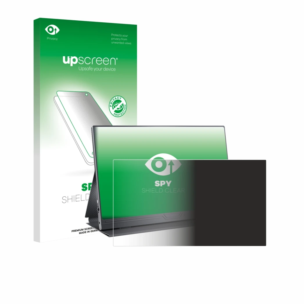 Parte frontal de un envase de producto con el logotipo de la marca upscreen. Al lado se muestra el dispositivo CUIUIC GS156B2 