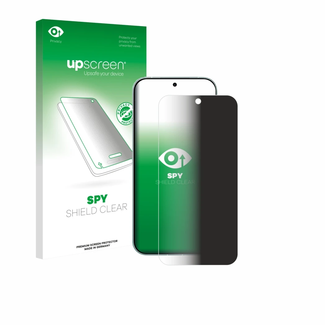 Parte frontal de un envase de producto con el logotipo de la marca upscreen. Al lado se muestra el dispositivo Xiaomi Redmi Tu