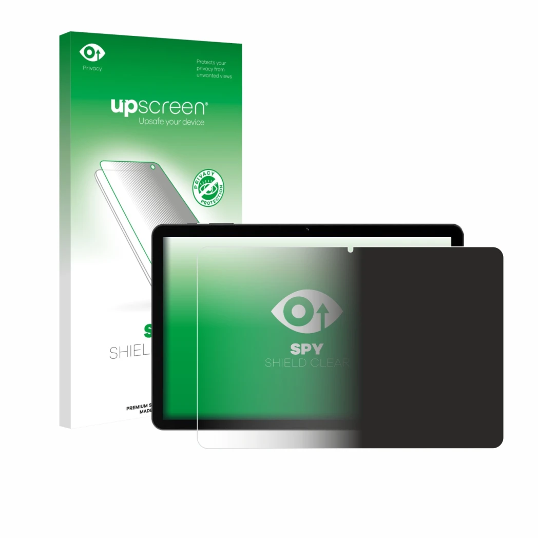 Parte frontal de un envase de producto con el logotipo de la marca upscreen. Al lado se muestra el dispositivo Doogee Tab G5 c