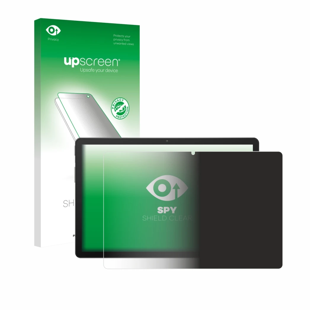 Parte frontal de un envase de producto con el logotipo de la marca upscreen. Al lado se muestra el dispositivo Sunmi CPad 14