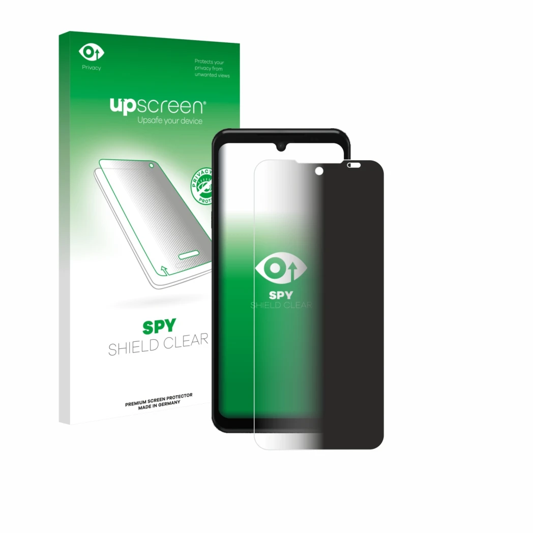 Parte frontal de un envase de producto con el logotipo de la marca upscreen. Al lado se muestra el dispositivo Sunmi M3 con su
