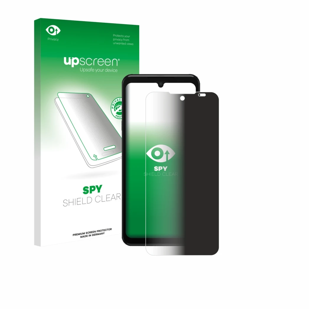 Parte frontal de un envase de producto con el logotipo de la marca upscreen. Al lado se muestra el dispositivo Sunmi L3 con su