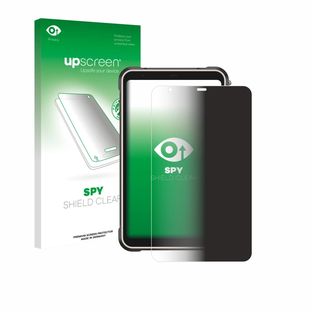 Parte frontal de un envase de producto con el logotipo de la marca upscreen. Al lado se muestra el dispositivo Ulefone RugKing