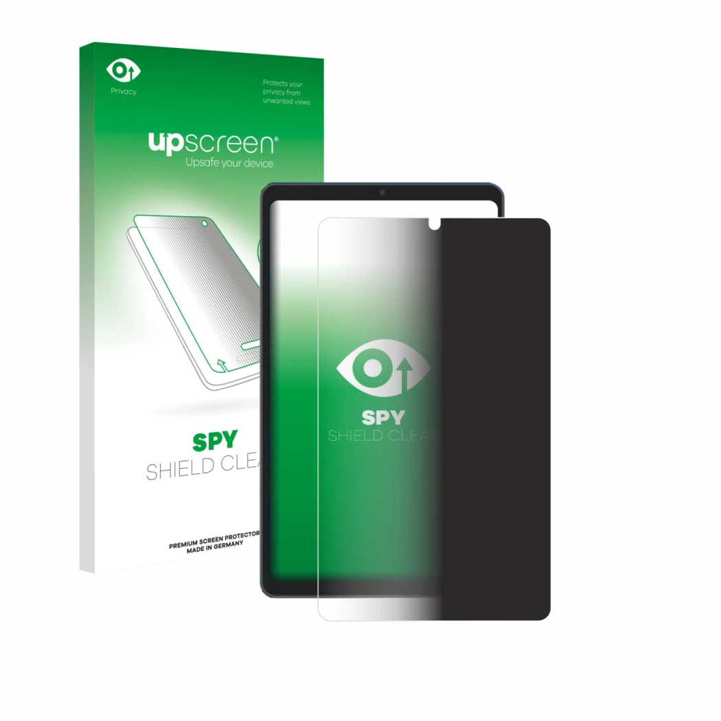 Parte frontal de un envase de producto con el logotipo de la marca upscreen. Al lado se muestra el dispositivo Chuwi AuPad Min