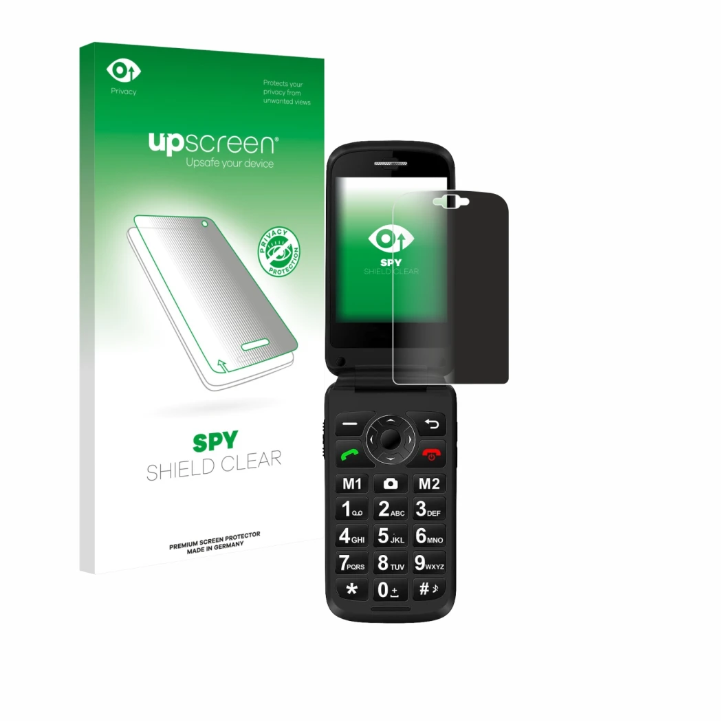 Parte frontal de un envase de producto con el logotipo de la marca upscreen. Al lado se muestra el dispositivo Simvalley Mobil