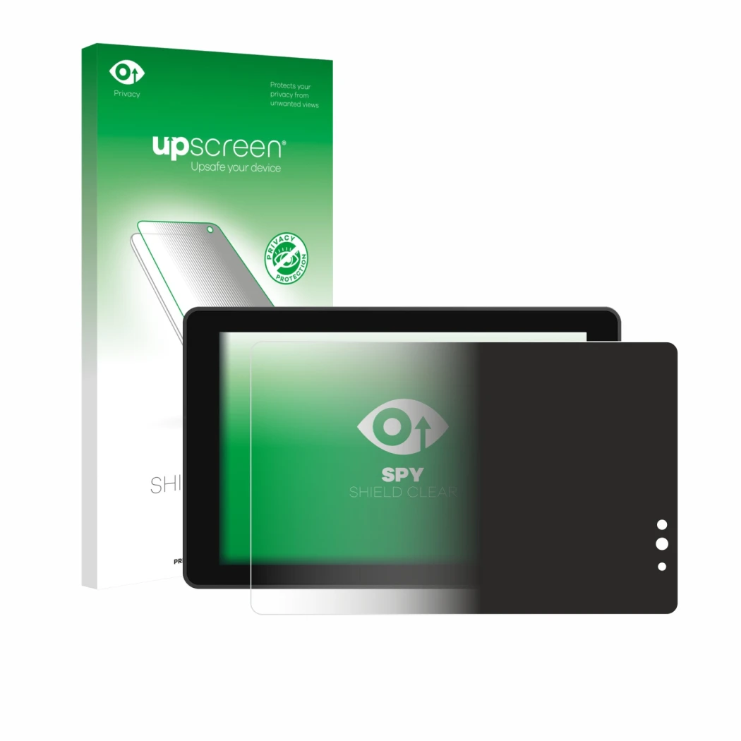 Parte frontal de un envase de producto con el logotipo de la marca upscreen. Al lado se muestra el dispositivo Lilliput 719/T 
