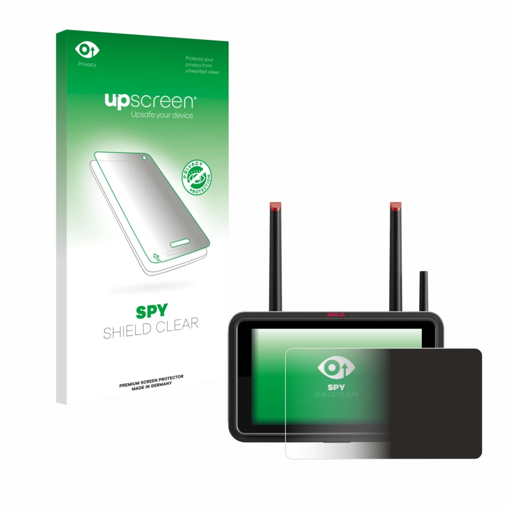 Parte frontal de un envase de producto con el logotipo de la marca upscreen. Al lado se muestra el dispositivo Atomos Ninja TX