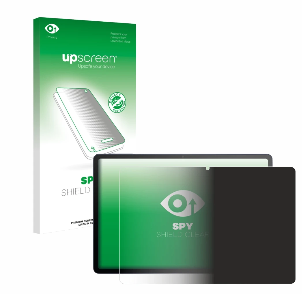Parte frontal de un envase de producto con el logotipo de la marca upscreen. Al lado se muestra el dispositivo TCL Tab A1 Plus