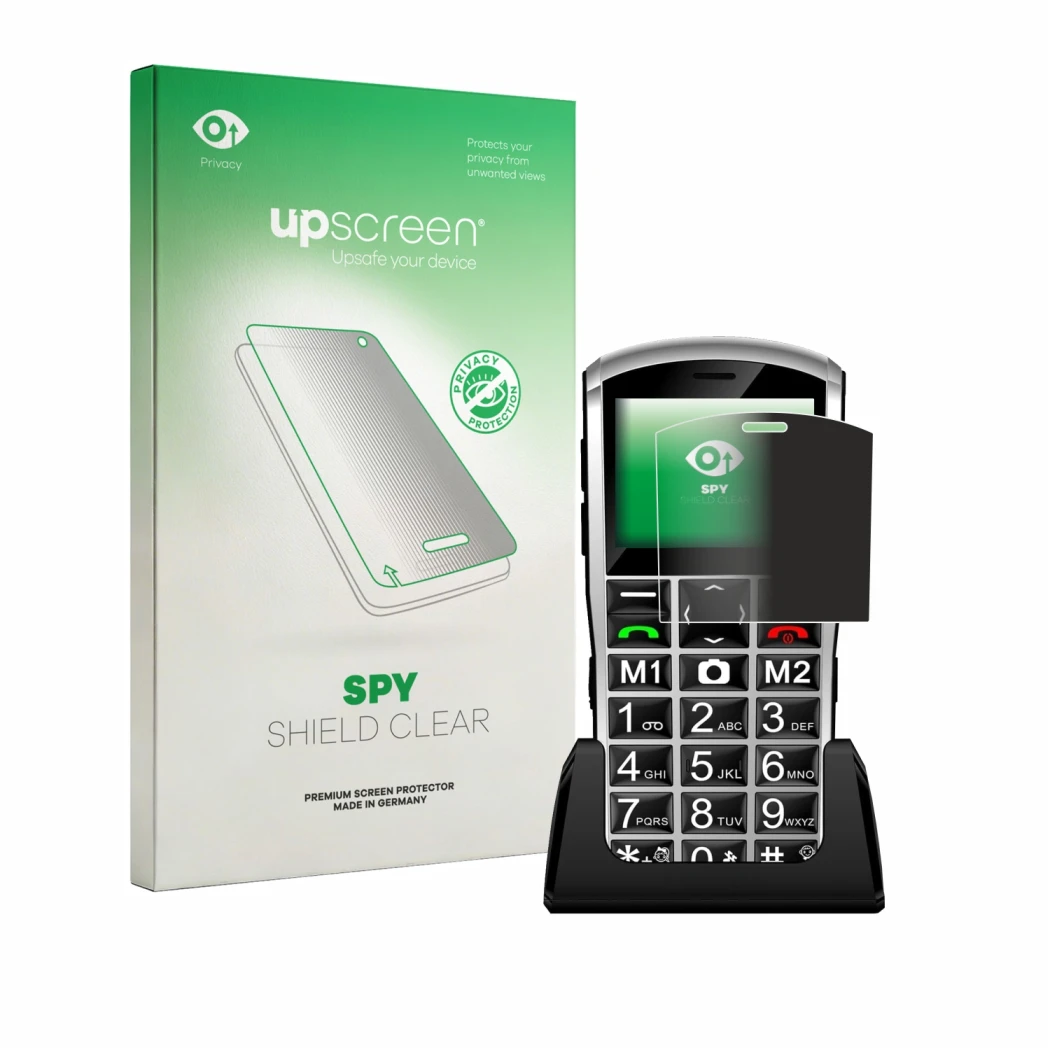 Parte frontal de un envase de producto con el logotipo de la marca upscreen. Al lado se muestra el dispositivo Artfone A400 Pr