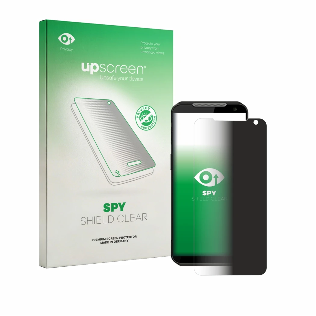 Parte frontal de un envase de producto con el logotipo de la marca upscreen. Al lado se muestra el dispositivo Point Mobile MF