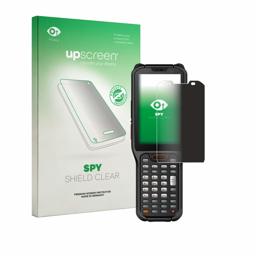 Parte frontal de un envase de producto con el logotipo de la marca upscreen. Al lado se muestra el dispositivo Urovo RT40S con