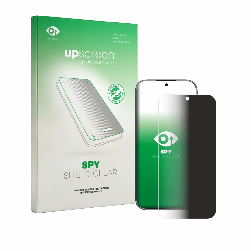 Parte frontal de un envase de producto con el logotipo de la marca upscreen. Al lado se muestra el dispositivo Honor 600 con s