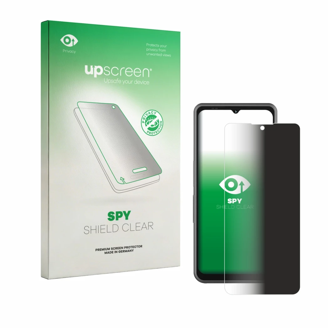 Parte frontal de un envase de producto con el logotipo de la marca upscreen. Al lado se muestra el dispositivo Sonim XP Pro E