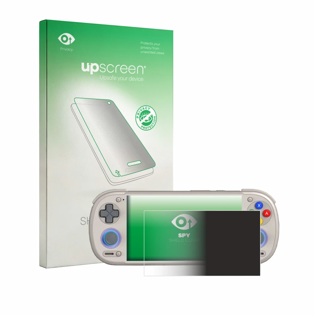 Parte frontal de un envase de producto con el logotipo de la marca upscreen. Al lado se muestra el dispositivo Retroid Pocket