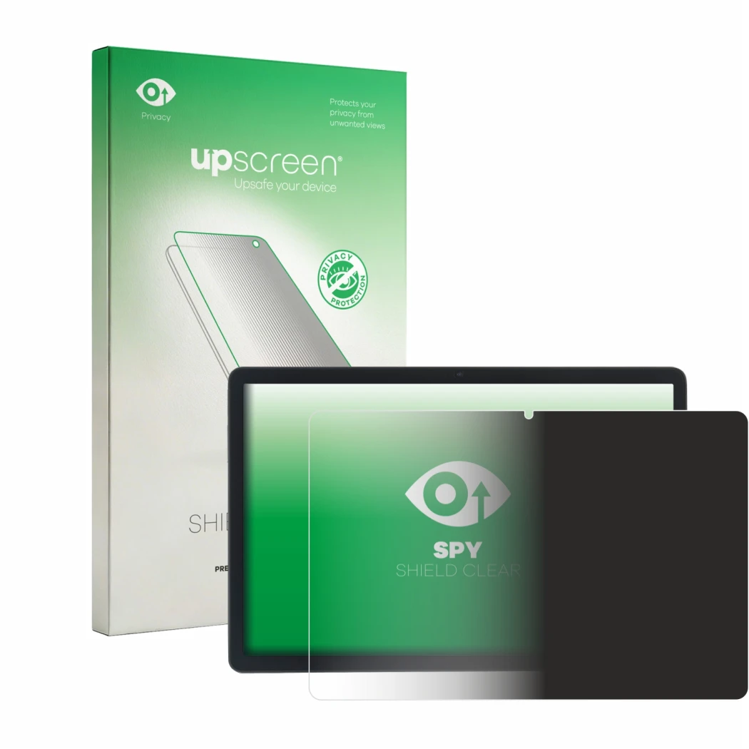 Parte frontal de un envase de producto con el logotipo de la marca upscreen. Al lado se muestra el dispositivo Acepad A172 con