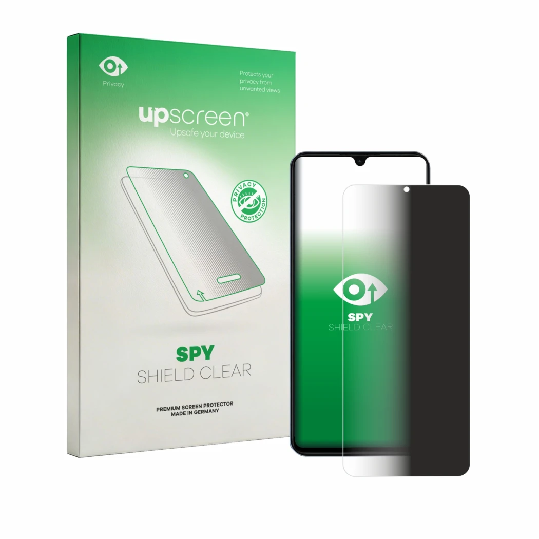 Parte frontal de un envase de producto con el logotipo de la marca upscreen. Al lado se muestra el dispositivo Blackview Wave