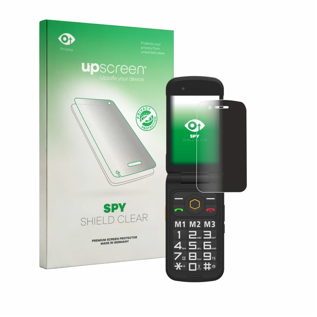 Parte frontal de un envase de producto con el logotipo de la marca upscreen. Al lado se muestra el dispositivo AGM M8 FLIP con