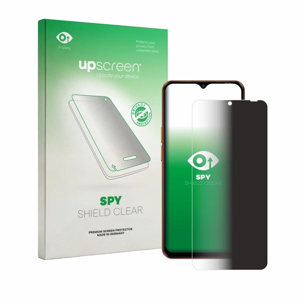 Parte frontal de un envase de producto con el logotipo de la marca upscreen. Al lado se muestra el dispositivo Oscal Flat 3C c