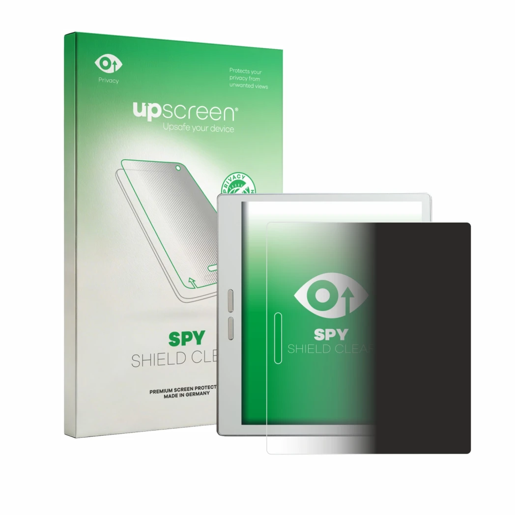 Parte frontal de un envase de producto con el logotipo de la marca upscreen. Al lado se muestra el dispositivo Bigme B7 Pro co