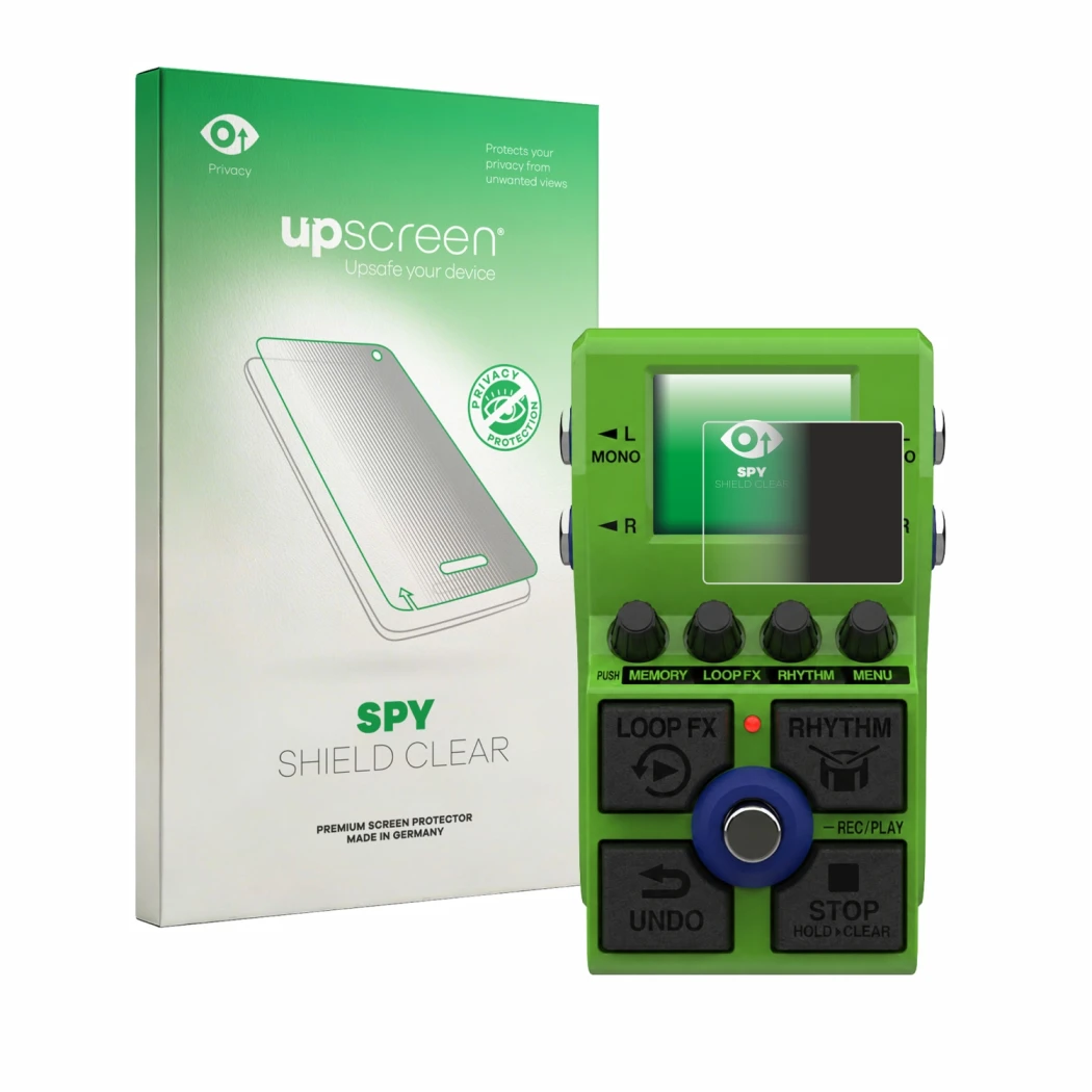 Parte frontal de un envase de producto con el logotipo de la marca upscreen. Al lado se muestra el dispositivo Zoom MS-90LP Pl