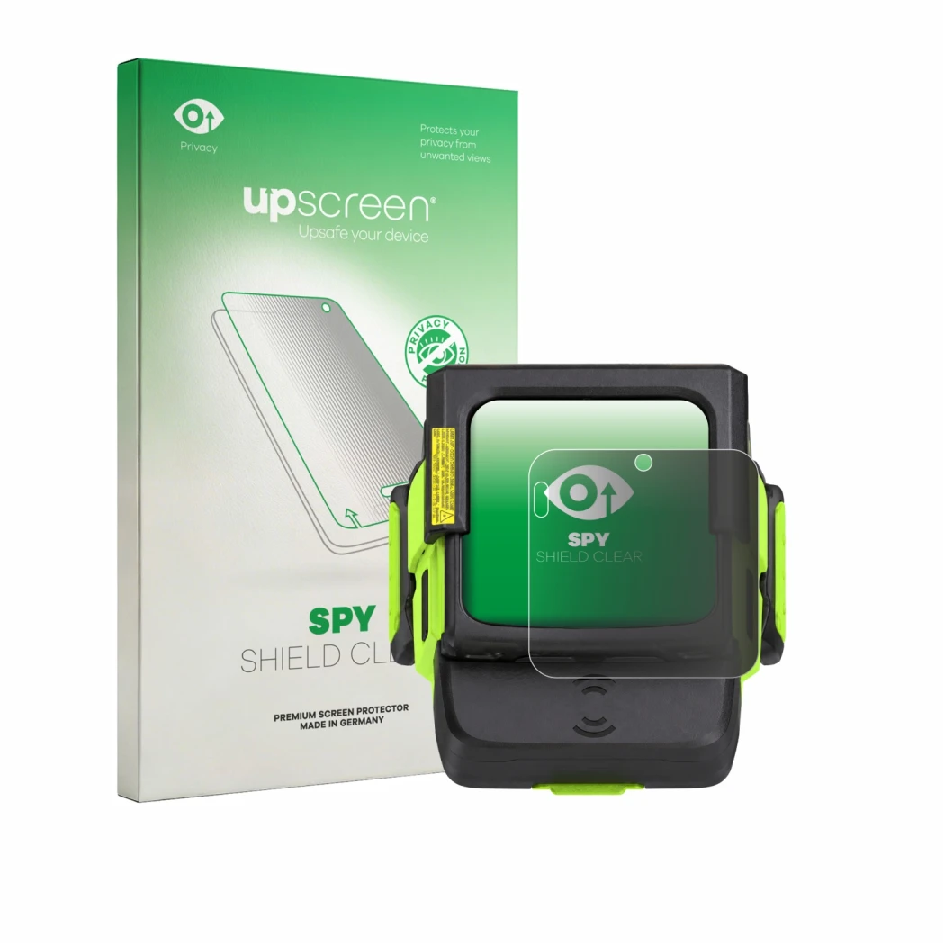 Parte frontal de un envase de producto con el logotipo de la marca upscreen. Al lado se muestra el dispositivo Zebra WS501 con