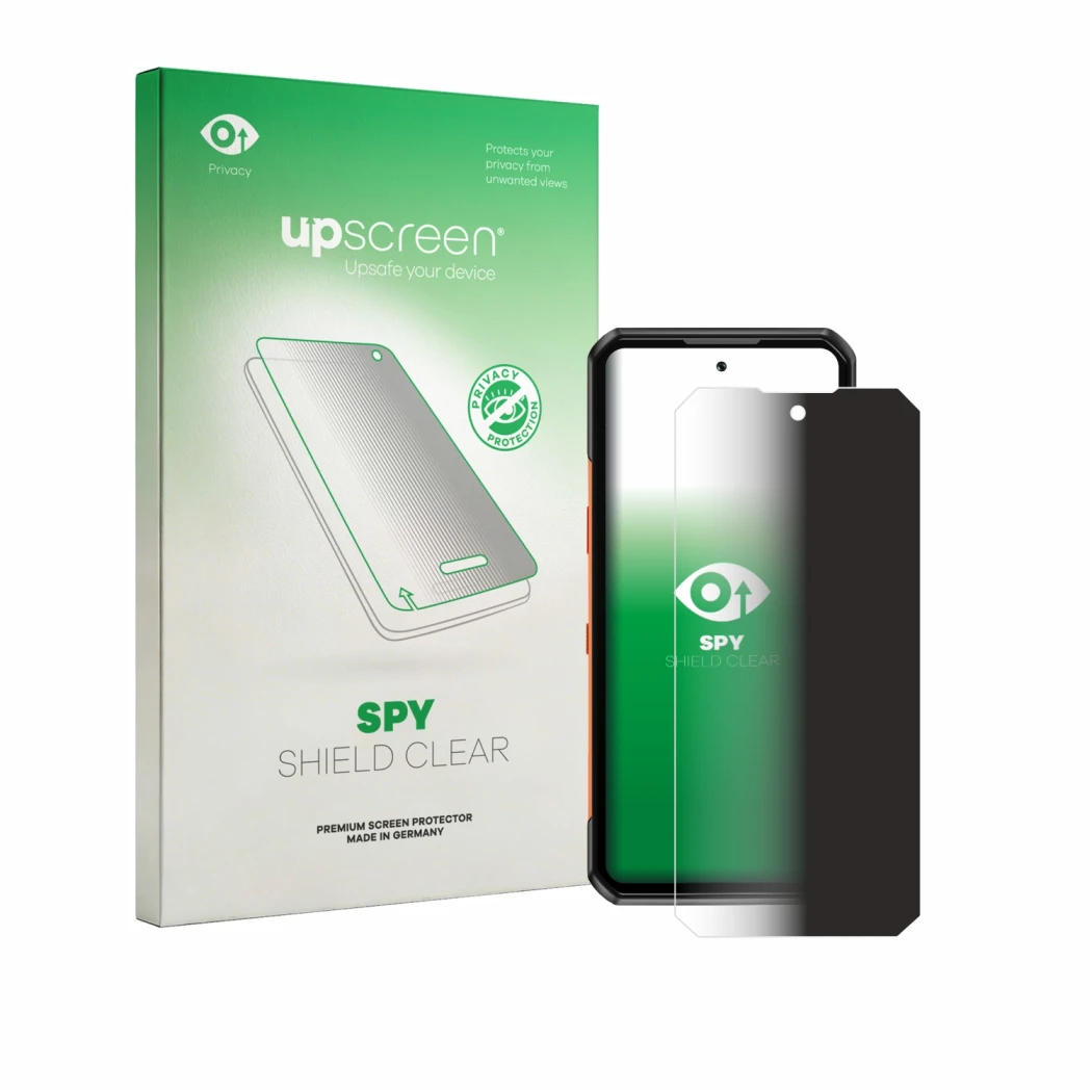 Parte frontal de un envase de producto con el logotipo de la marca upscreen. Al lado se muestra el dispositivo Oukitel WP500 c