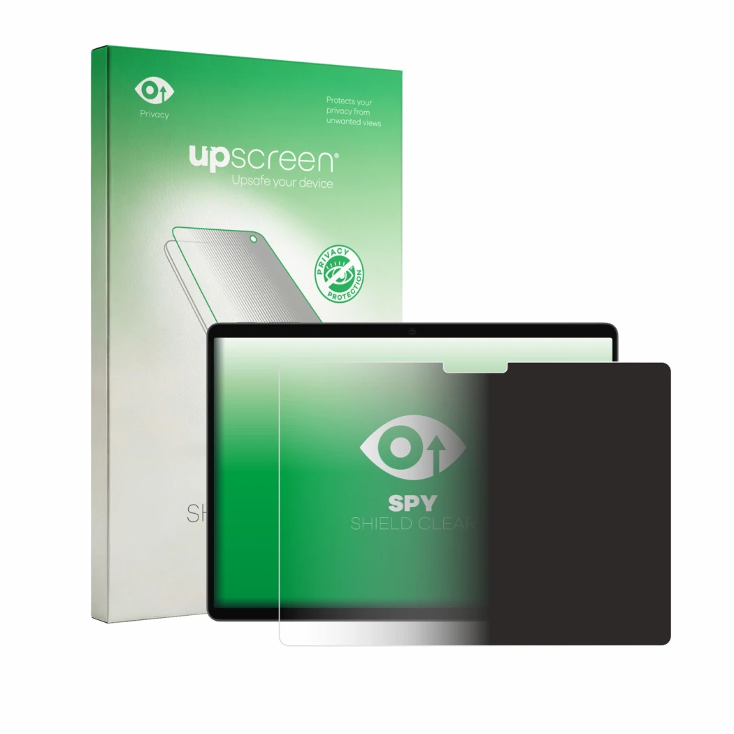 Parte frontal de un envase de producto con el logotipo de la marca upscreen. Al lado se muestra el dispositivo Microsoft Surfa