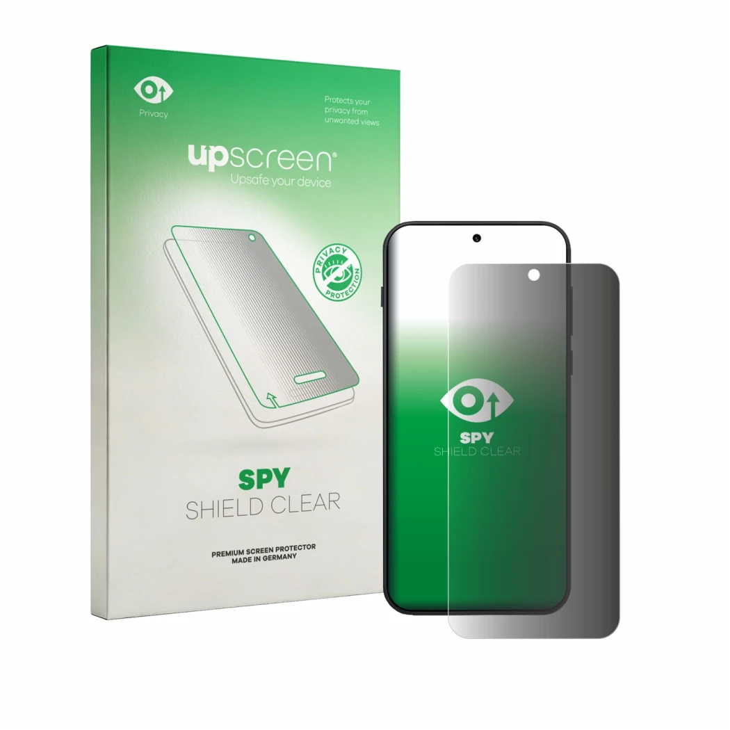 Parte frontal de un envase de producto con el logotipo de la marca upscreen. Al lado se muestra el dispositivo OnePlus N6 con