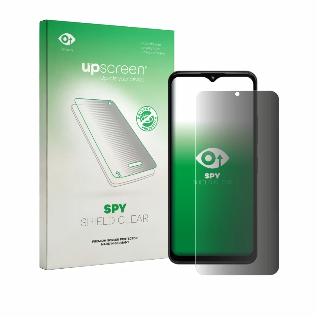 Parte frontal de un envase de producto con el logotipo de la marca upscreen. Al lado se muestra el dispositivo HMD Arc con su