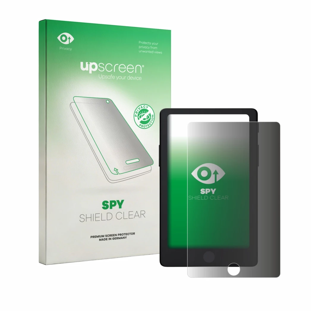 Parte frontal de un envase de producto con el logotipo de la marca upscreen. Al lado se muestra el dispositivo Xteink X4 Pro c