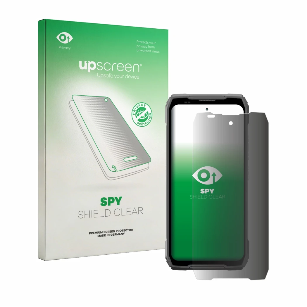Parte frontal de un envase de producto con el logotipo de la marca upscreen. Al lado se muestra el dispositivo Blackview Xplor