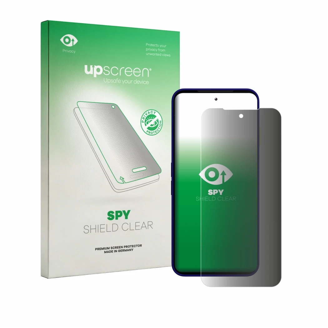 Parte frontal de un envase de producto con el logotipo de la marca upscreen. Al lado se muestra el dispositivo Fairphone 6 Plu