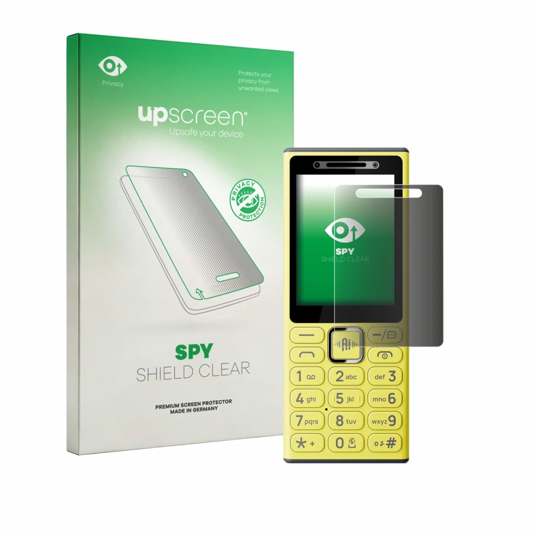 Parte frontal de un envase de producto con el logotipo de la marca upscreen. Al lado se muestra el dispositivo Nokia 200 4G co