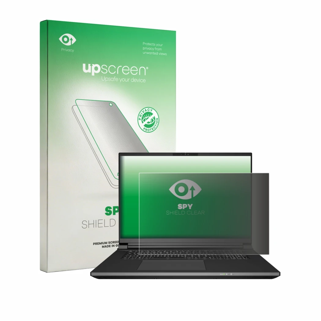Parte frontal de un envase de producto con el logotipo de la marca upscreen. Al lado se muestra el dispositivo Schenker KEY 18