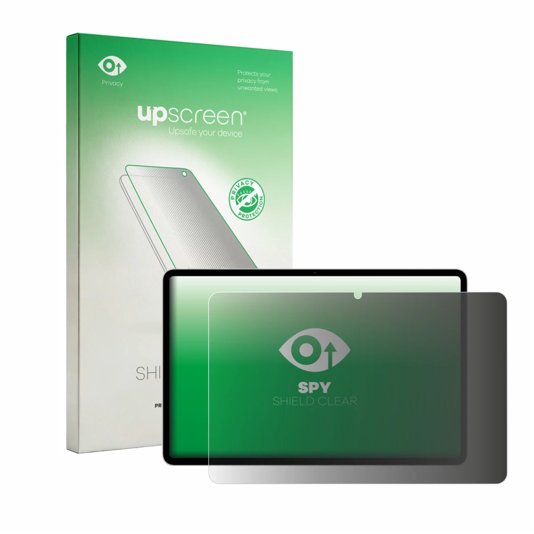 Parte frontal de un envase de producto con el logotipo de la marca upscreen. Al lado se muestra el dispositivo Honor Pad 20 Pr