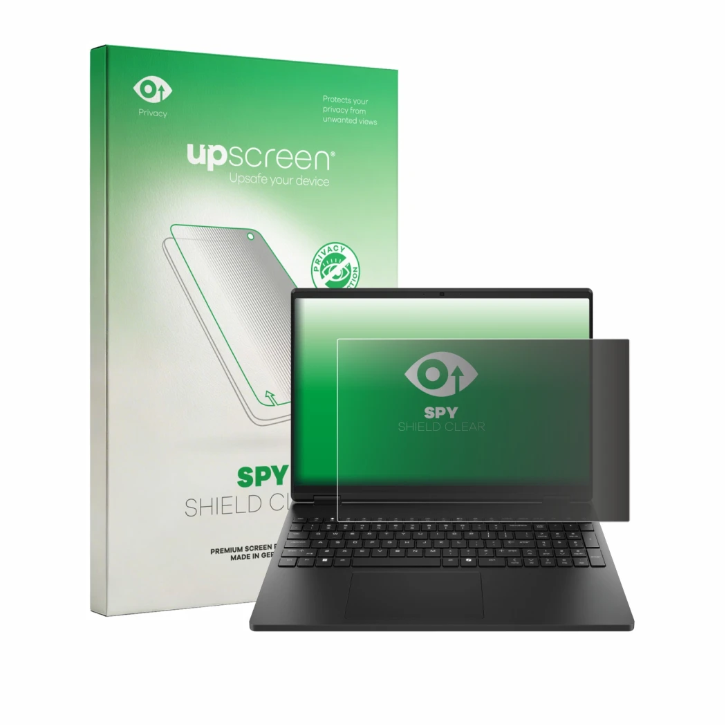 Parte frontal de un envase de producto con el logotipo de la marca upscreen. Al lado se muestra el dispositivo HP HyperX OMEN