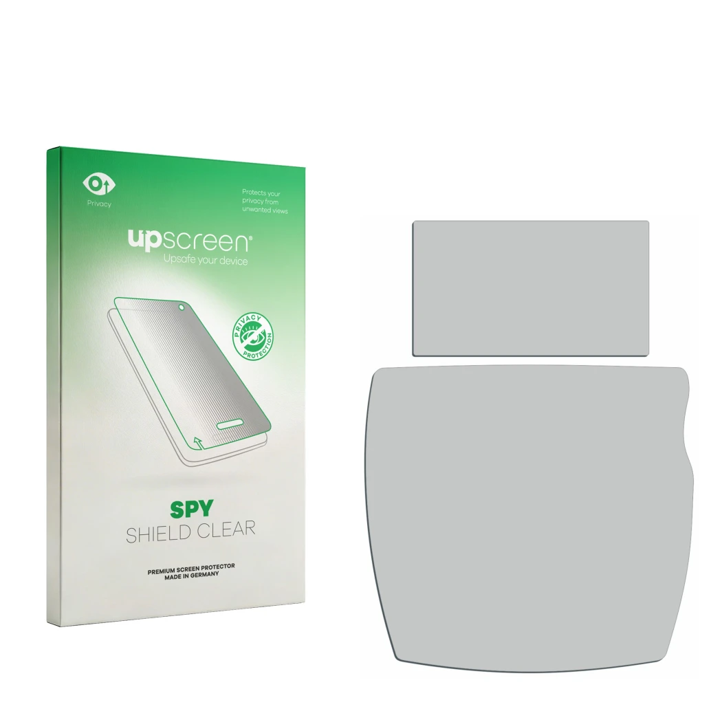 Parte frontal de un envase de producto con el logotipo de la marca upscreen. Al lado está el protector de pantalla correspondi