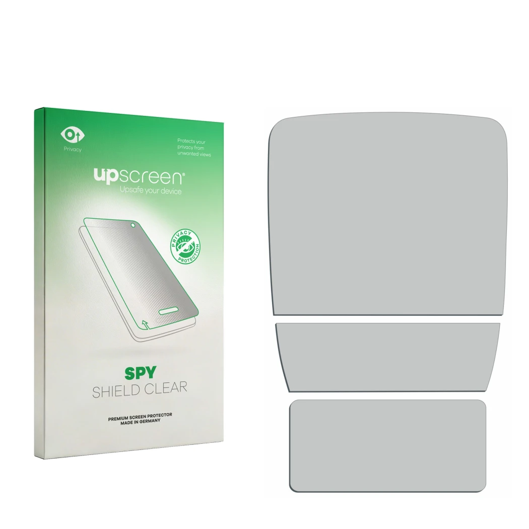 Parte frontal de un envase de producto con el logotipo de la marca upscreen. Al lado está el protector de pantalla correspondi